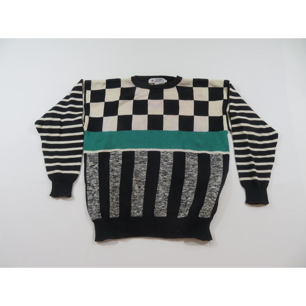 Bjorn Borg Sweater Made in England, Cotton, Geometric, White Black Sz L 1980s